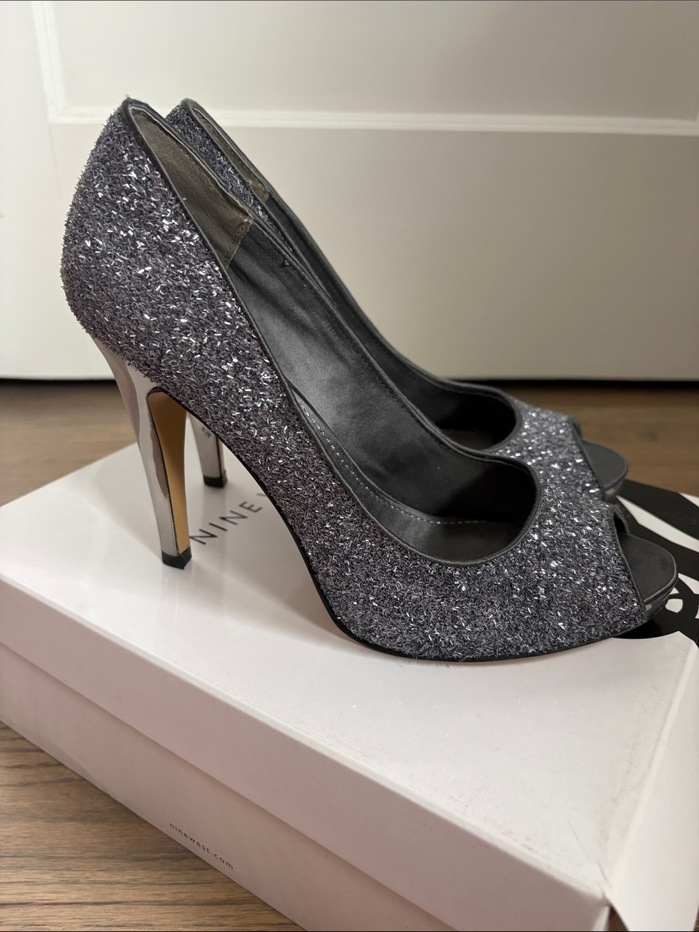 Nine West Sparkle Peep-Toe Heels - Gunmetal Glitter w/Mirror Heels - 8